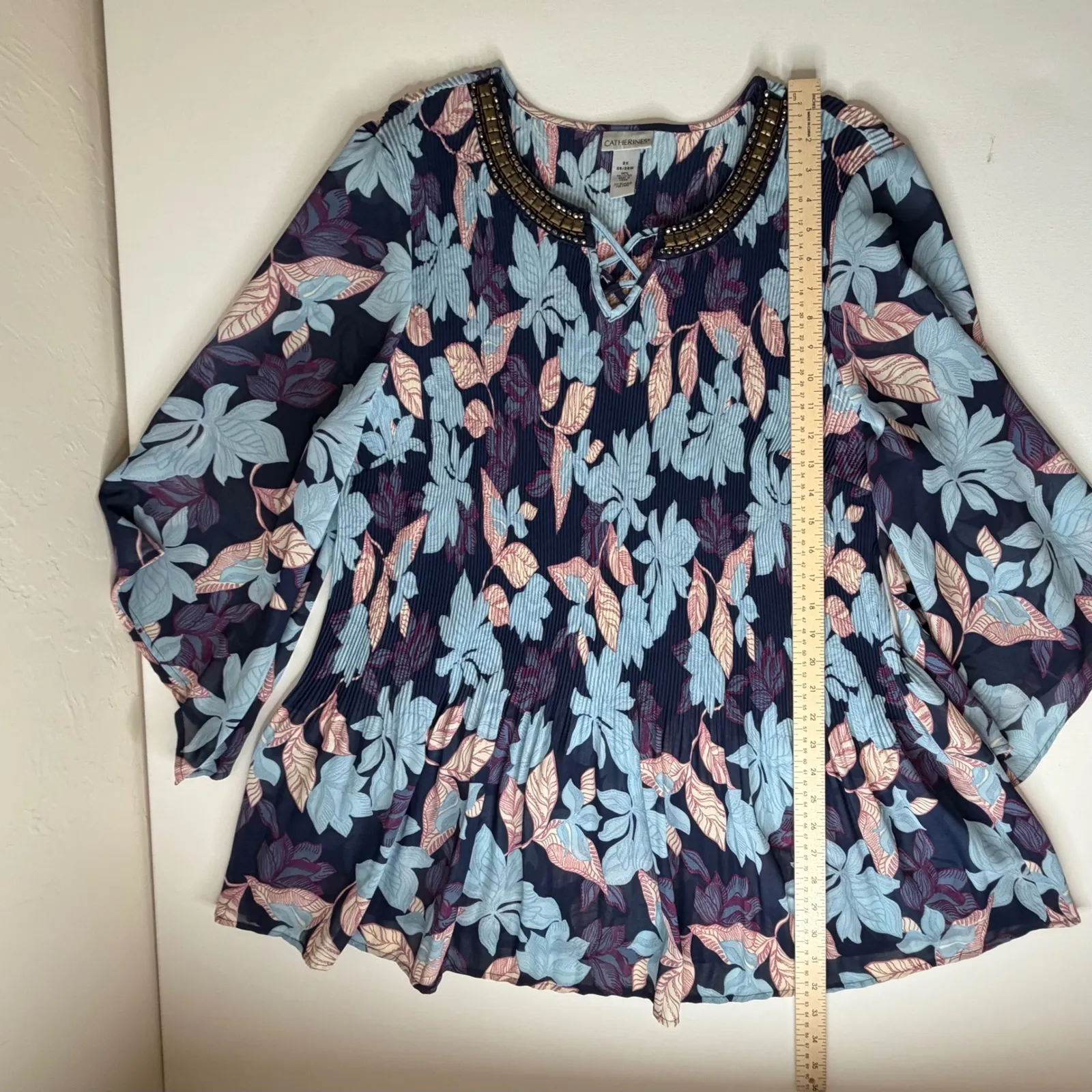 Catherines Floral Beaded Tunic Top Size 3X Multicolor Pleated Lightweight Flowy - Image 7