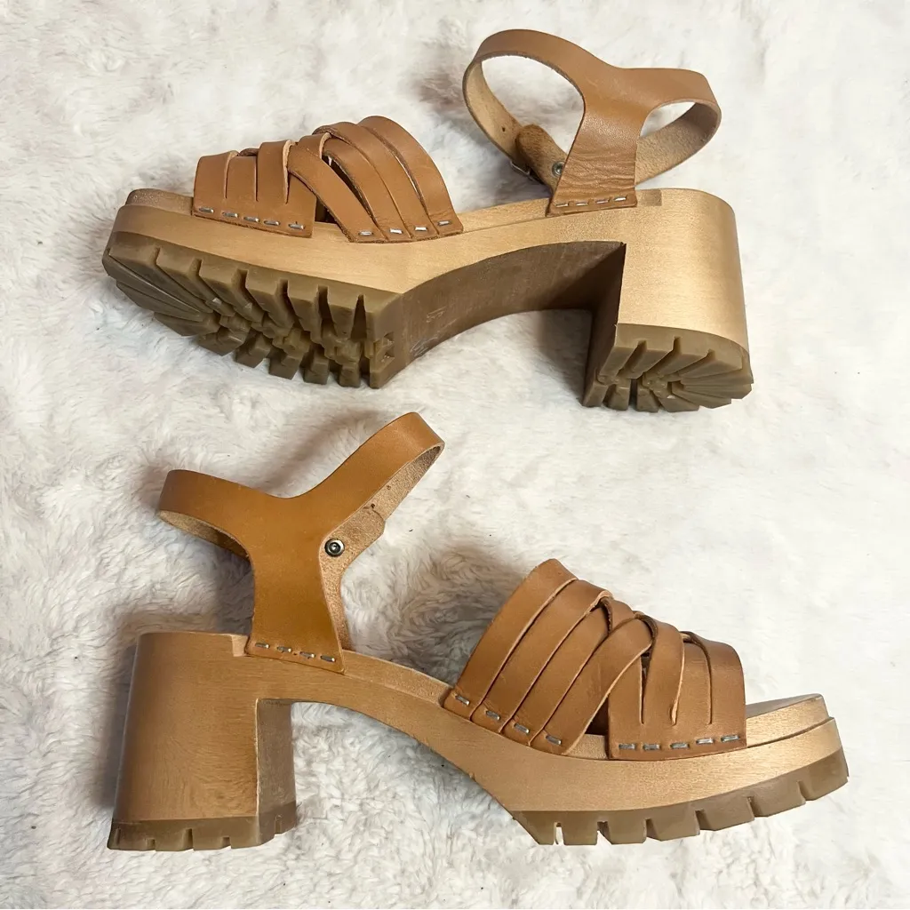 Swedish Hasbeens Rutan Tan Leather & Wood Ankle Strap Lug Sole Sandals Size 7 - Image 14