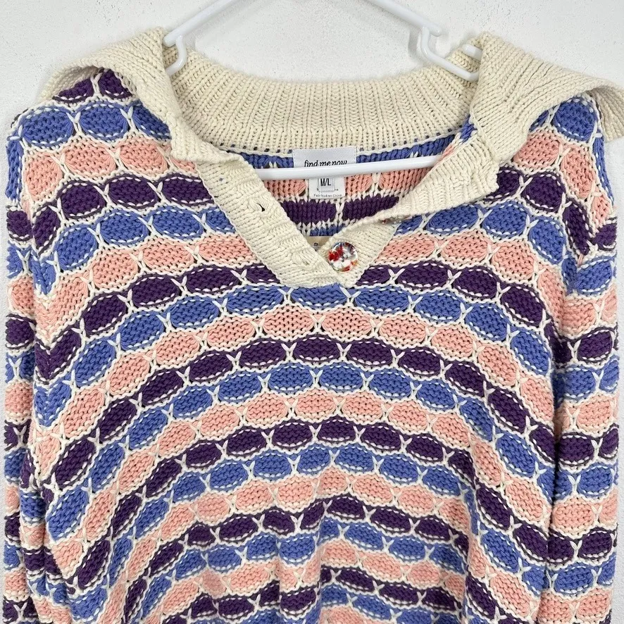 Find Me Now Knit Sweater M/L Colorful Open Weave Pullover Button Collar Boxy Fit Tan Size M - Image 2