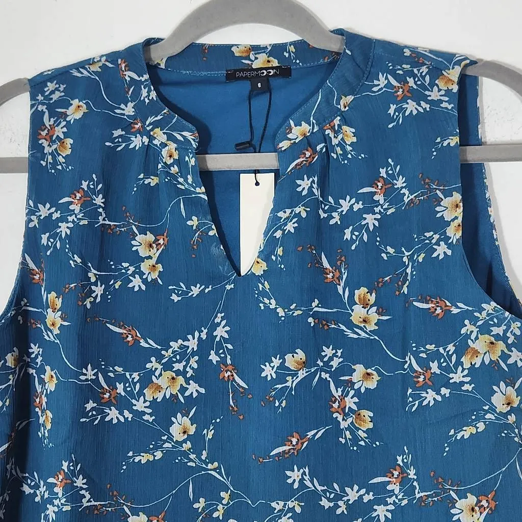 Papermoon Blue Sleeveless Floral Top Size Small NWT Floral Boho Blouse - Image 2