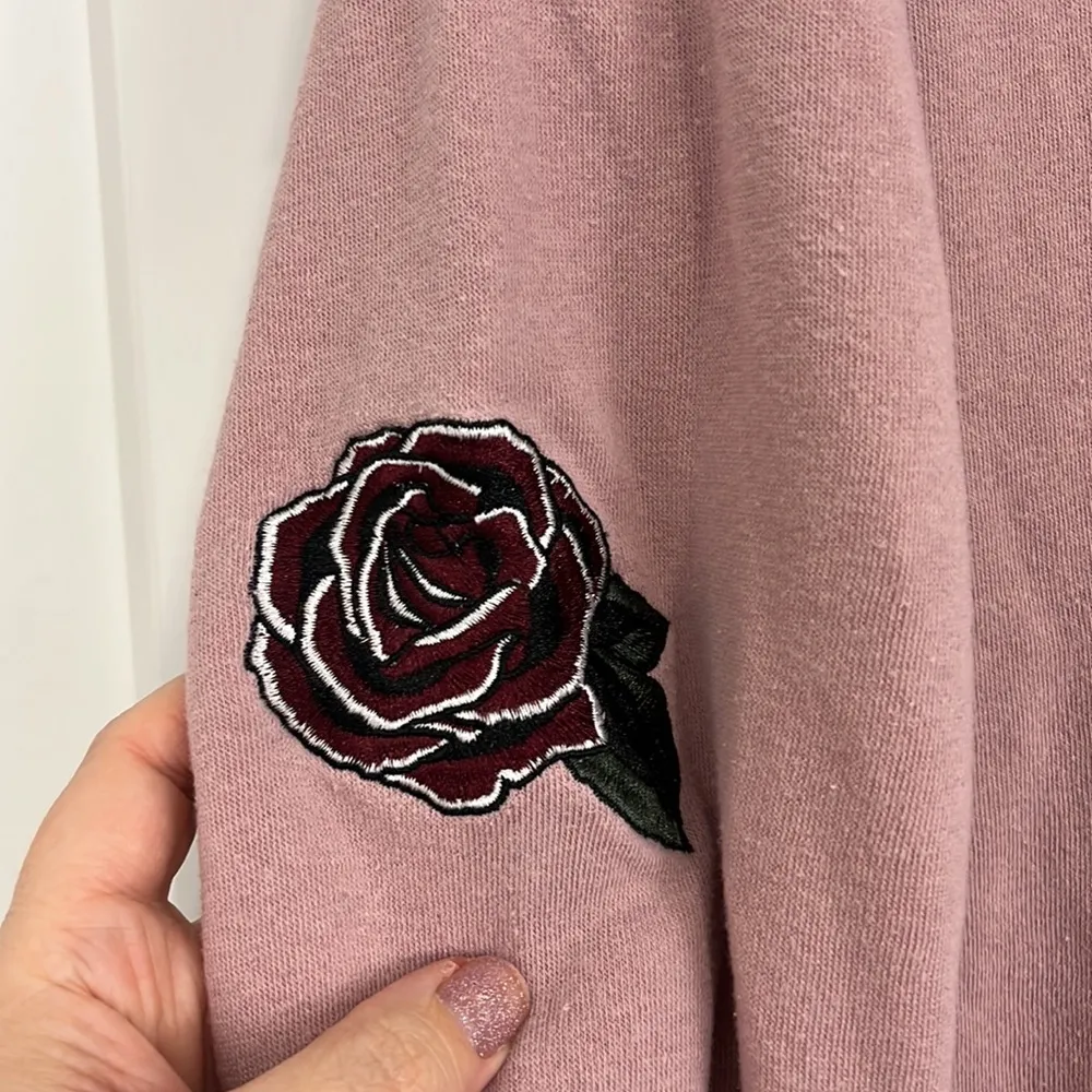 Empyre Small Mauve Pink Rose Embroidered Too Bad Hoodie Sweatshirt with Pocket - Image 6