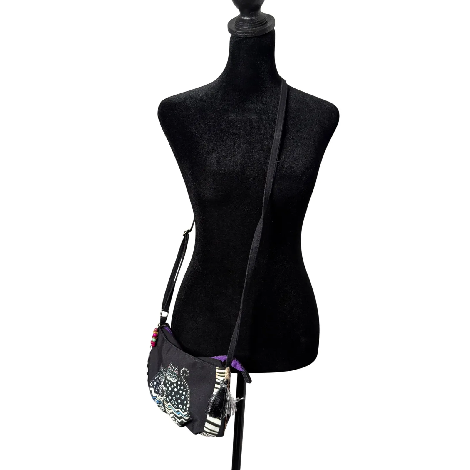 Laurel Burch Crossbody Whimsical Cat Print Bag Tassel Beaded Polka Dot Gatos Black - Image 3