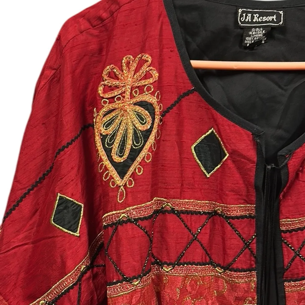 JA Resort Silk Red Black Gold Embroidered Open Front Lined Jacket Womens 1X - Image 6