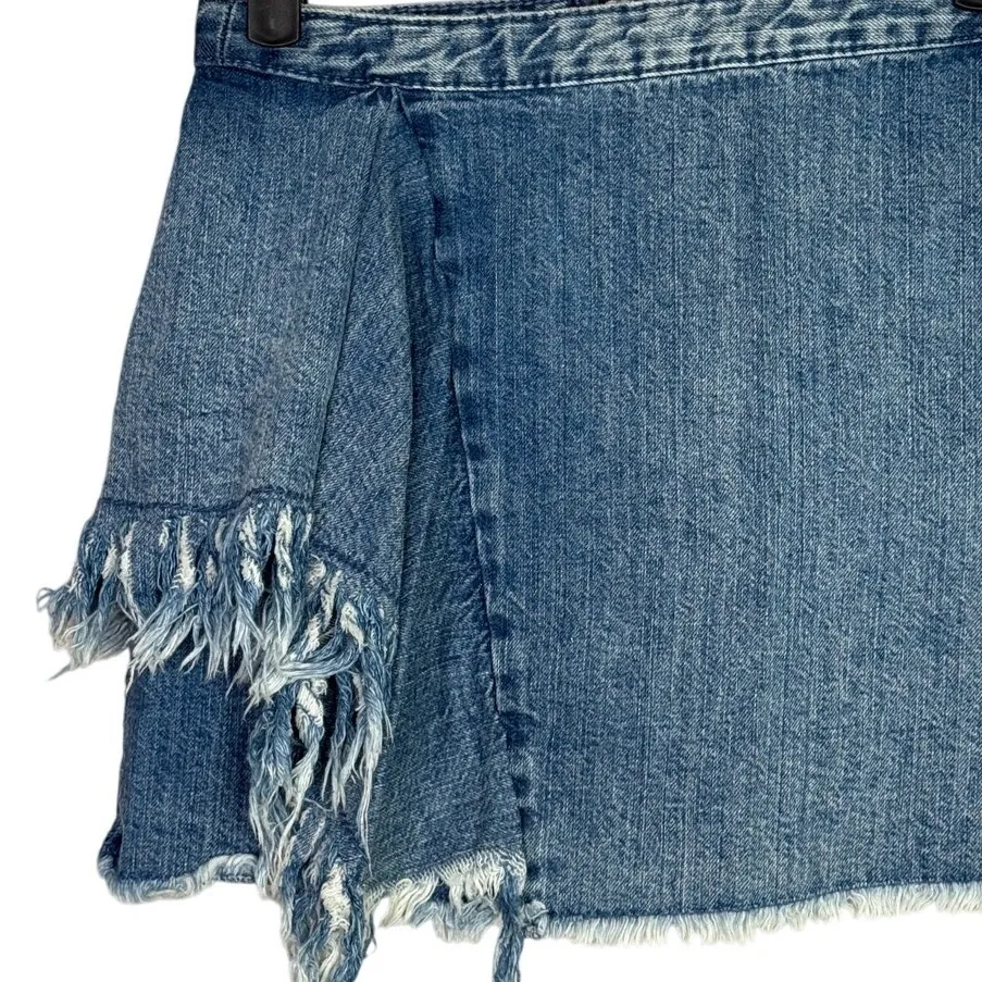 Zara Frayed Distressed Raw Hem Denim Mini Jean Skirt Zip Up Lightweight XS Blue - Image 12
