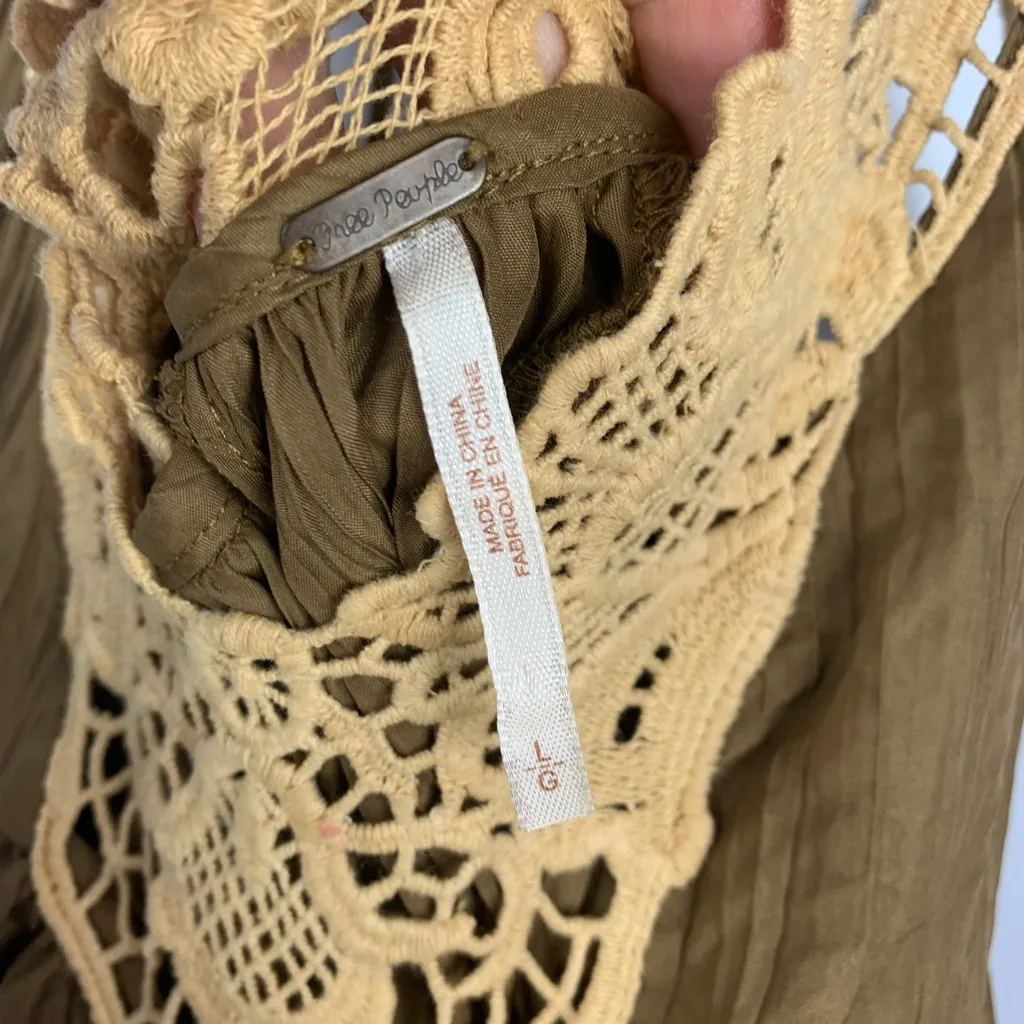 Free People size large breathless crochet trim brown mini dress Beige Lace west - Image 5