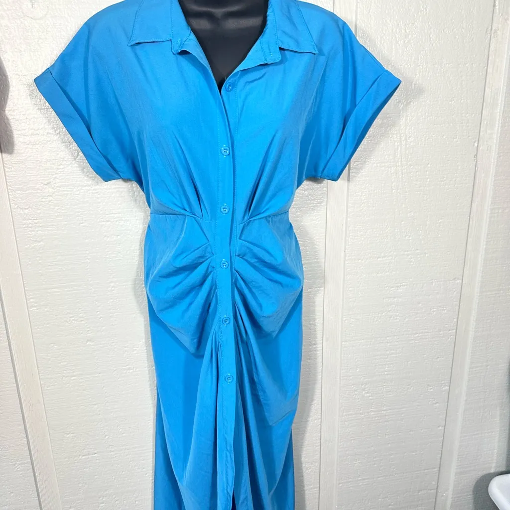 Button Down Ruched Short Sleeve Lapel V Neck Maxi Dress Size Small EUC - Image 3