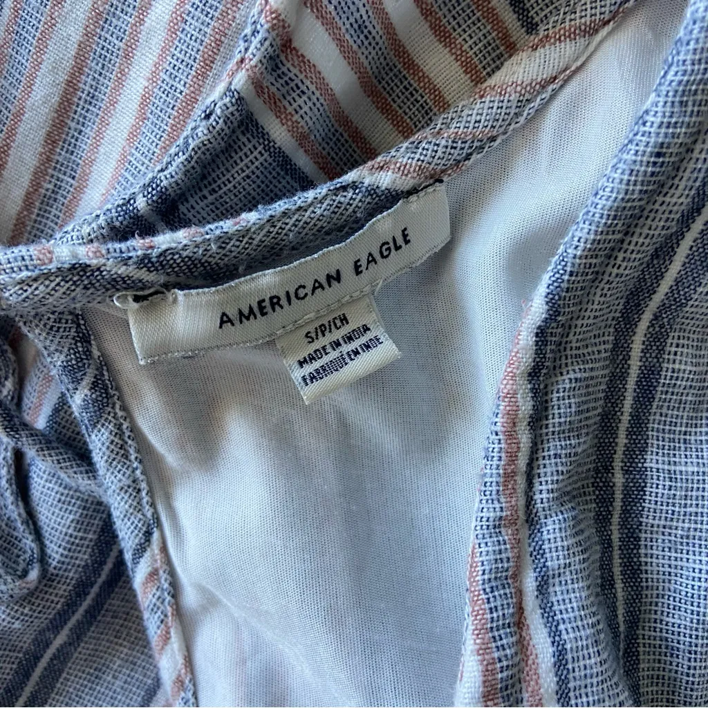 American Eagle Stripe Linen Tie Waist Romper Pockets Cottagecore White Blue Sz S - Image 13