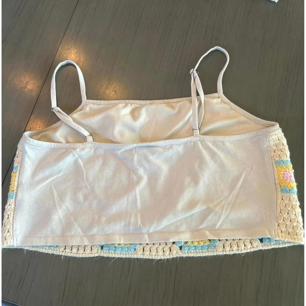 Wild Fable Womens Crop Top Size Large Beige Sunflowers Crochet Tank Fairy - Image 2