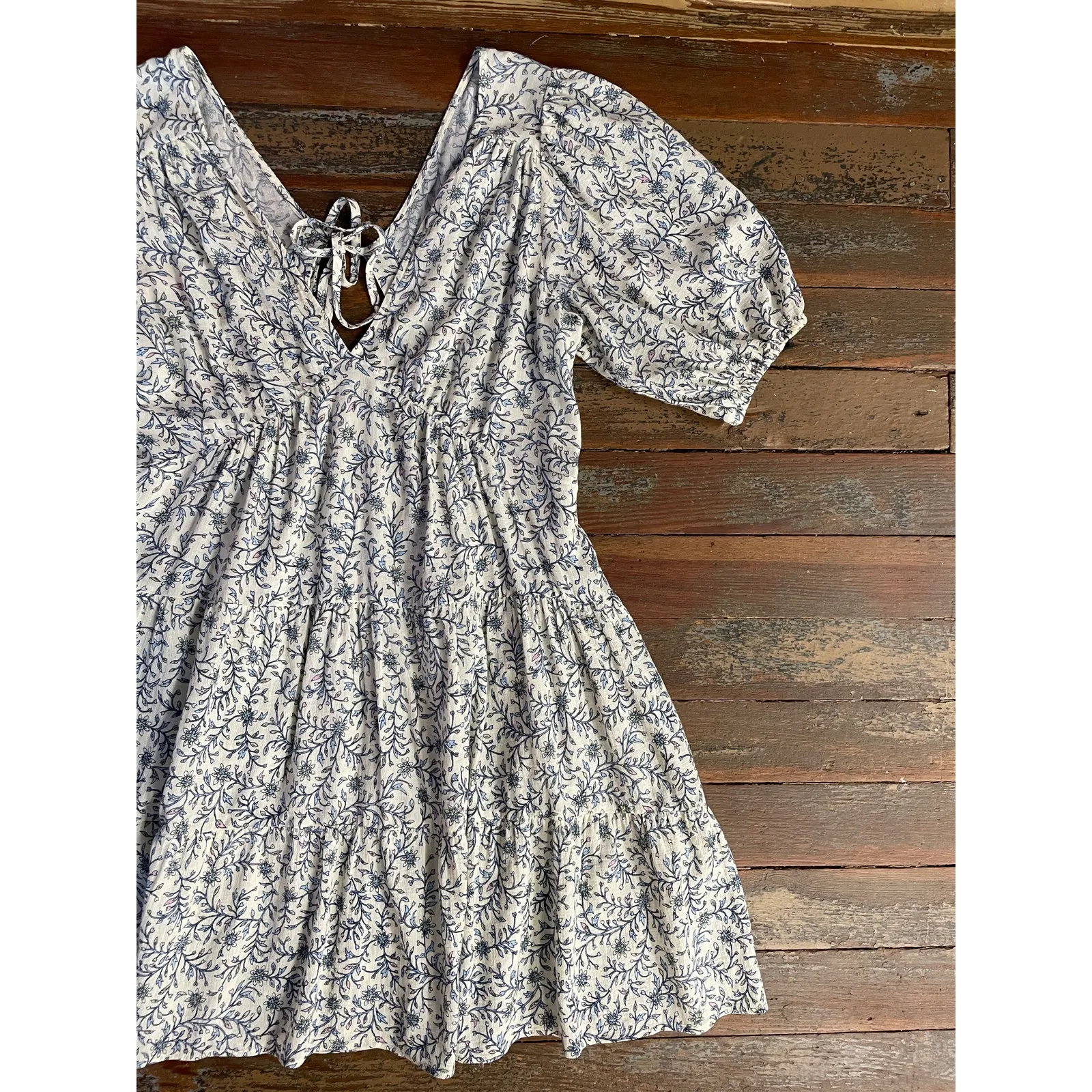 Xirena Blue Floral Cotton Mini Dress Open Back Tie Cottagecore Small White - Image 11