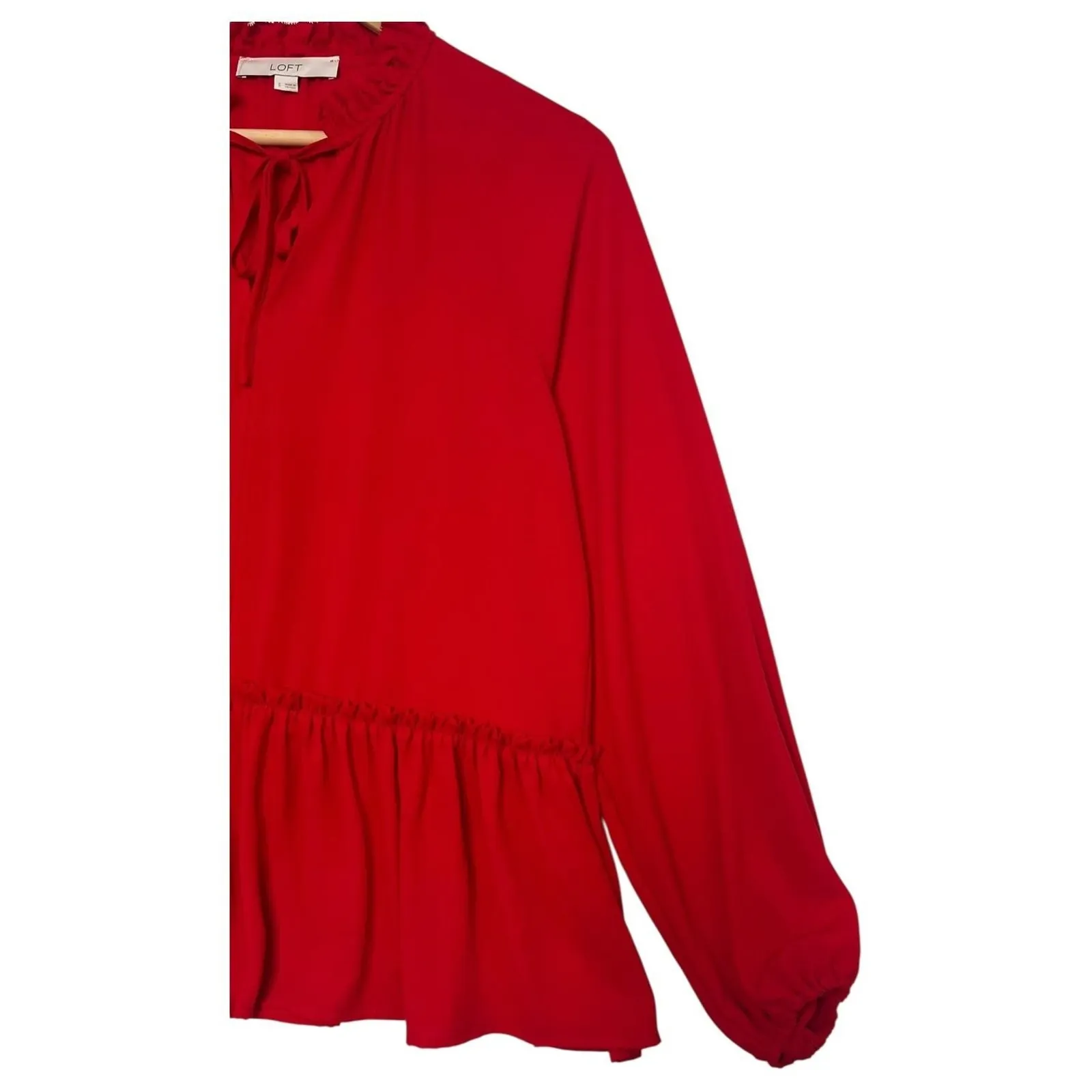 LOFT Blouse Womens Small Red Ruffle Peplum Long Sleeve Top Keyhole Holiday Sheer - Image 4