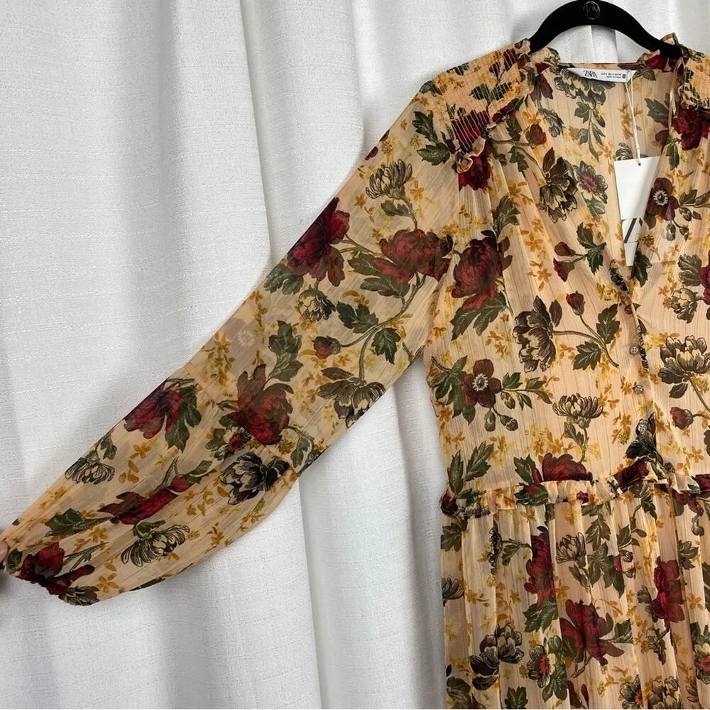 Zara Brown Floral Printed Bloggers Favorite Midi Dress Sz.S NWT - Image 8