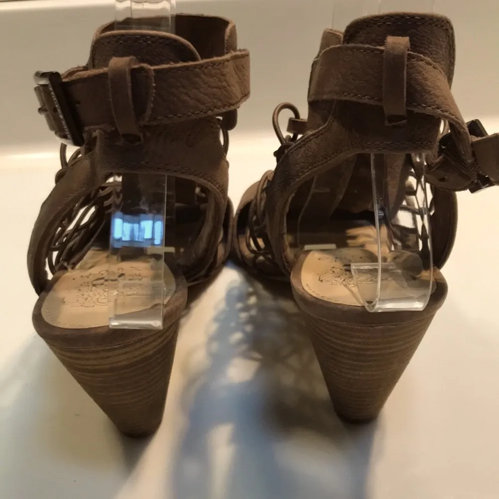 Vince Camuto Women’s Faux Leather Woven Stretch Brown Ankle Strap Cone Heels - Image 5