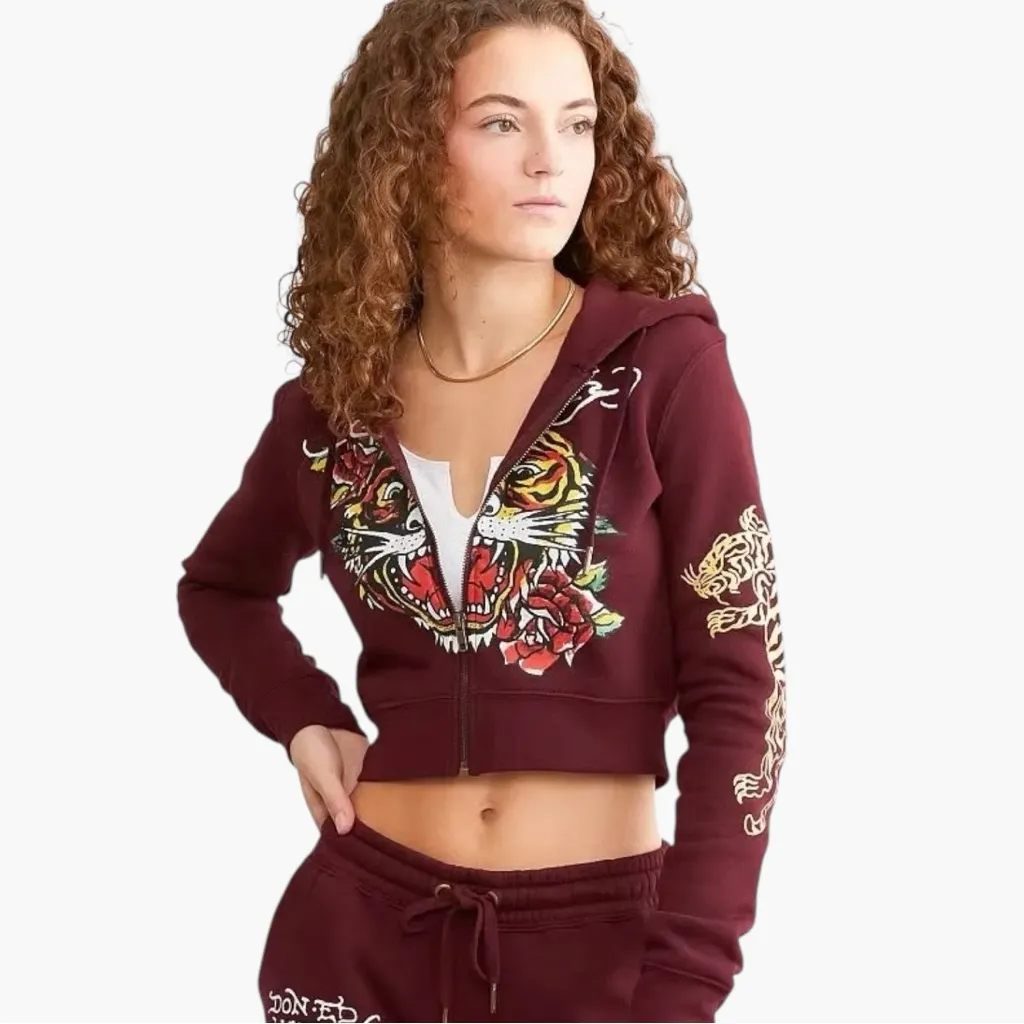 Ed Hardy Burgundy Hoodie with Tiger and Rose Cropped Zip Hoodie Size XS Retro - Image 11