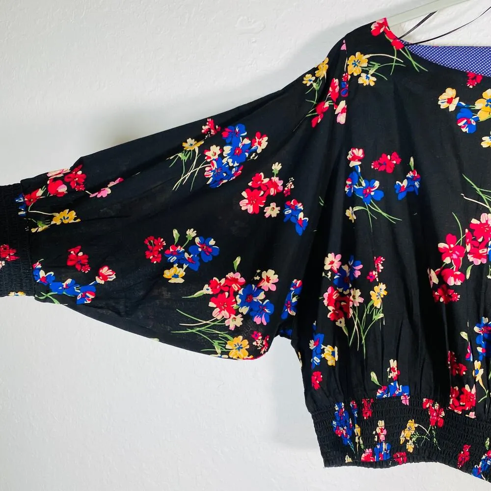 NEW Maeve Anthropologie Boatneck Puff Long Sleeve Floral Print Blouse Black Med - Image 6