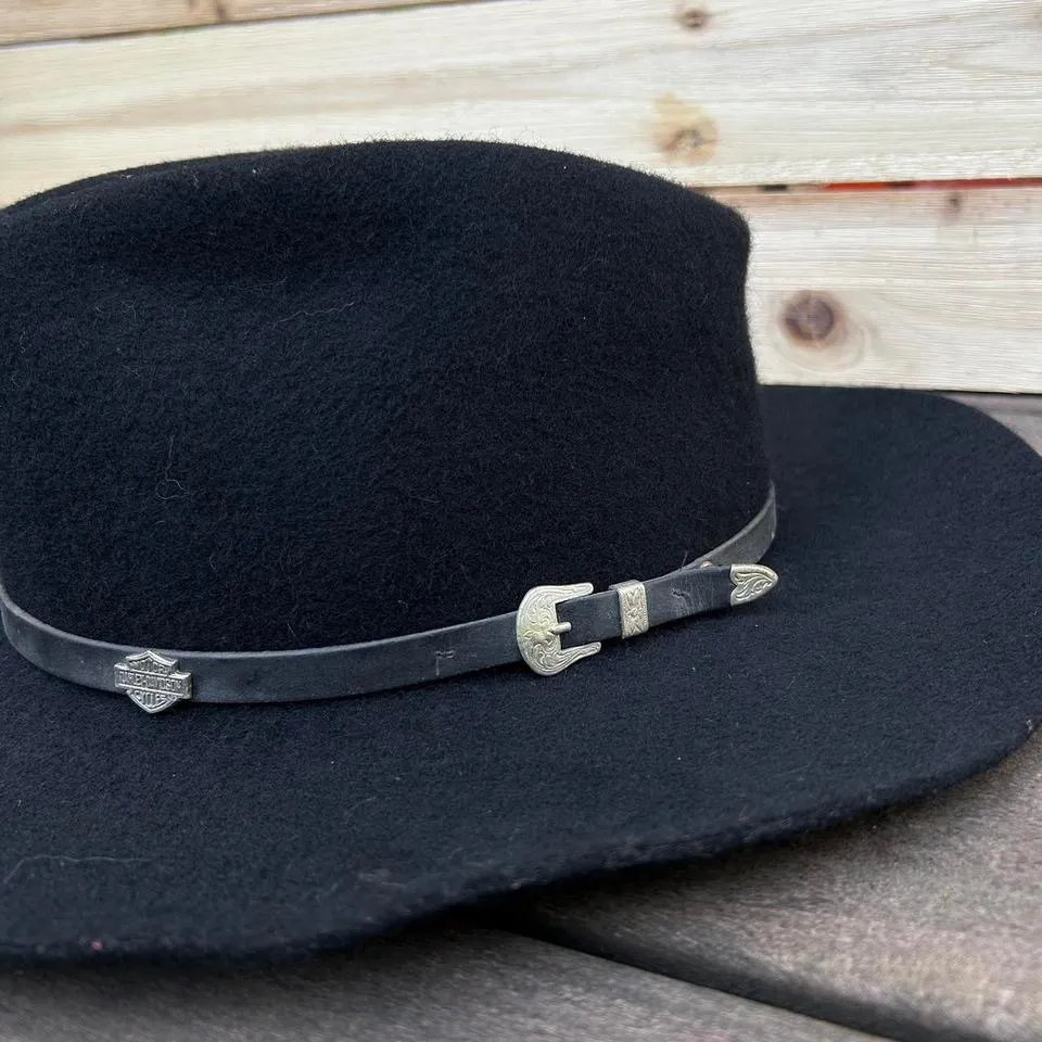 Vintage Black Wool Harley Davidson Cowboy Hat w/ Leather Strap Silver Buckle USA - Image 2