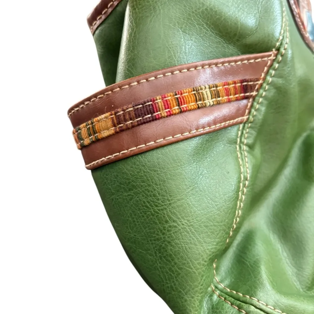 VTG 80’s Green Leather Clutch Round Handle Handbag Side Pockets Snap Close - Image 3