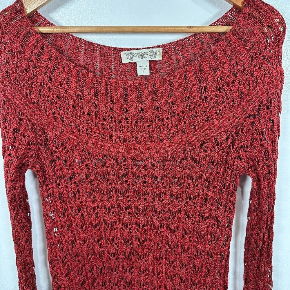 Vintage America Small Womens Sweater Crochet Rust Black Long Sleeve Boho Peasant - Image 4