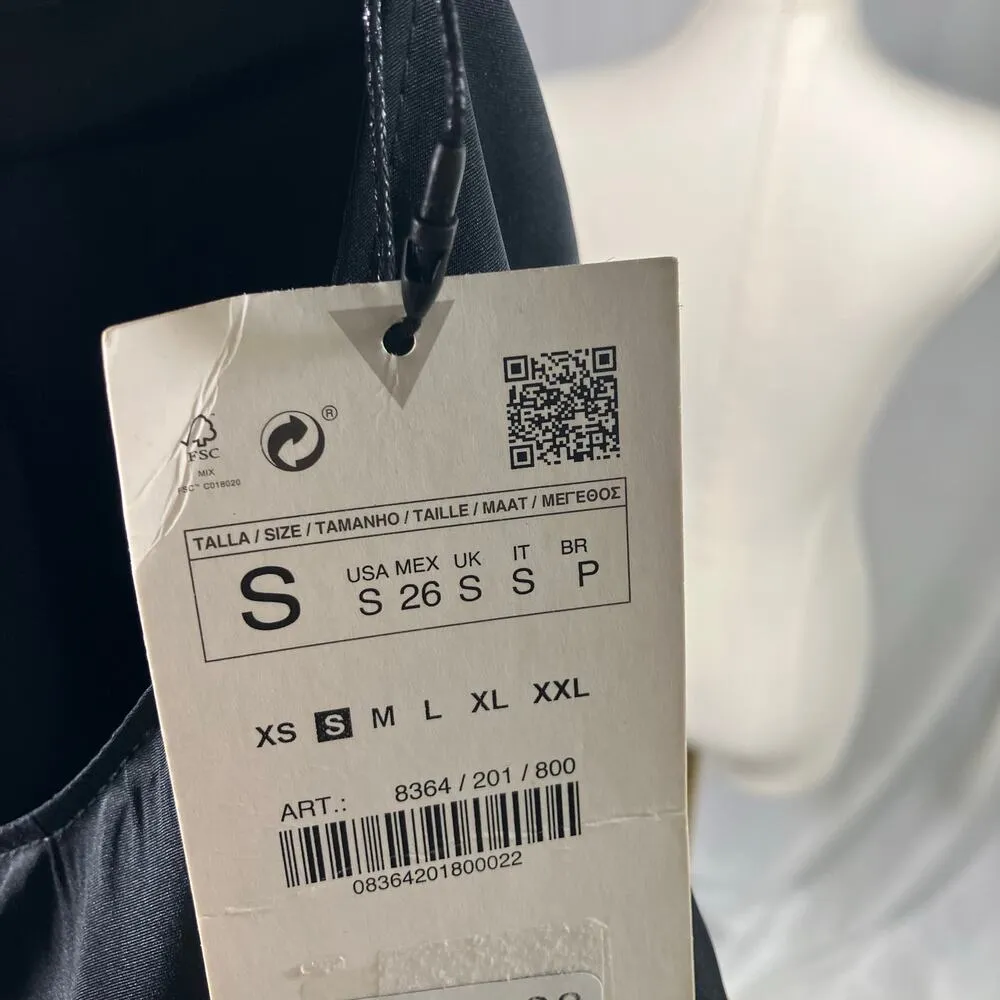 ZARA Black Puff Sleeve Peplum Blouse Small Short Sleeve Tie Back Lightweight New - Image 9