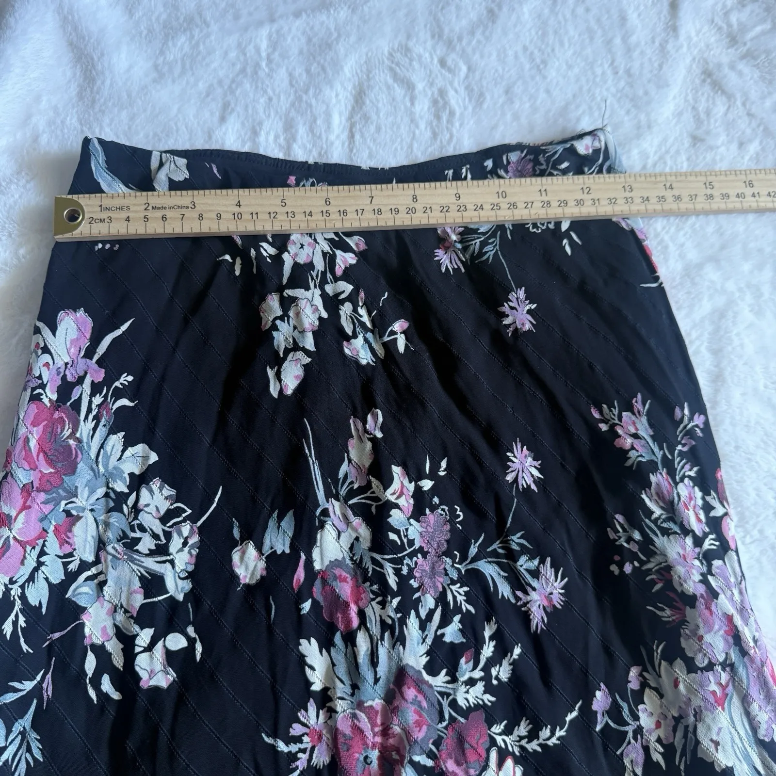 Y2K Floral Midi Skirt Black Flowy Ruffle Hem Vintage Boho Skirt S Low Rise - Image 5