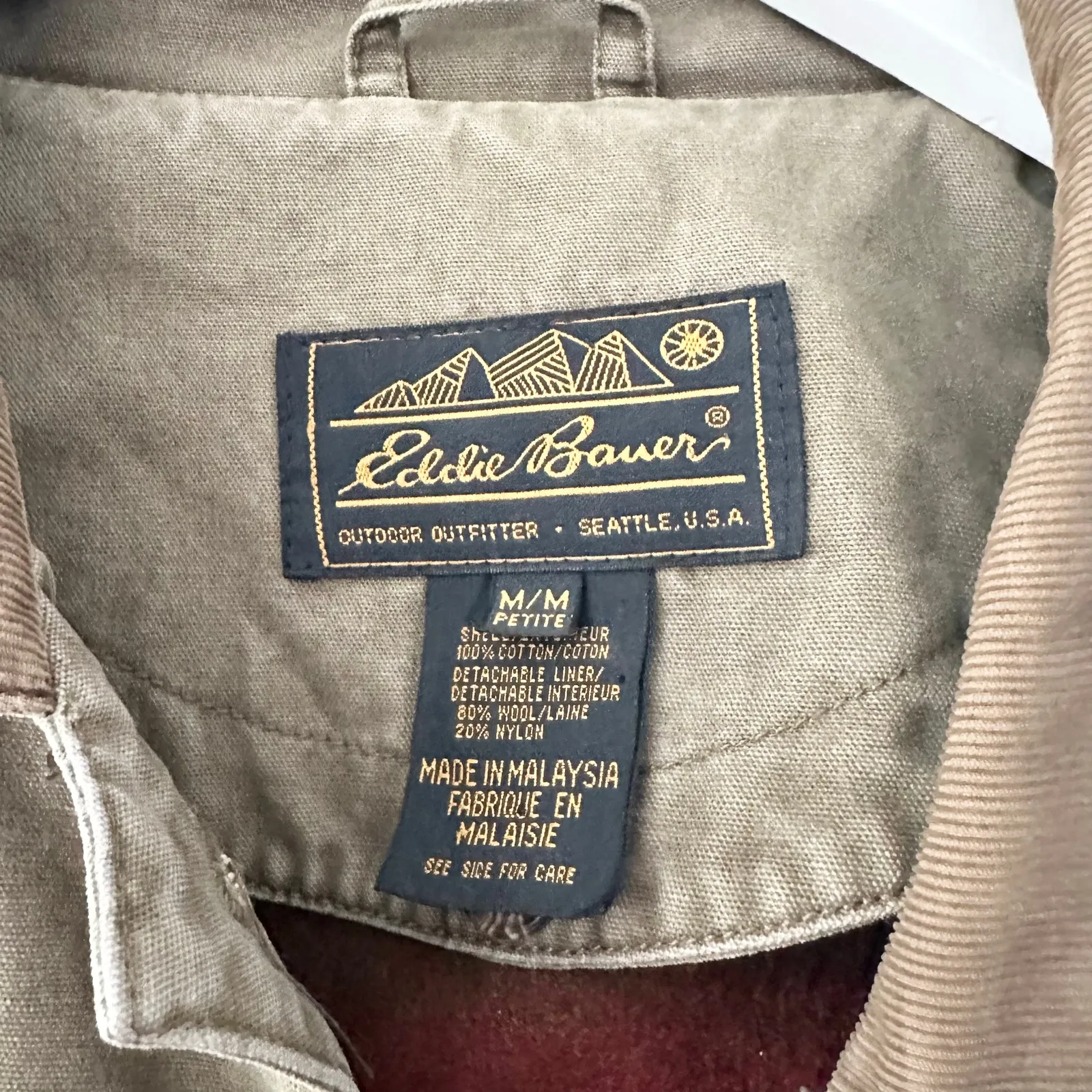 Eddie Bauer Khaki Vintage 80s Chore Jacket Tan Corduroy Collar Cuffs MP Lined - Image 7