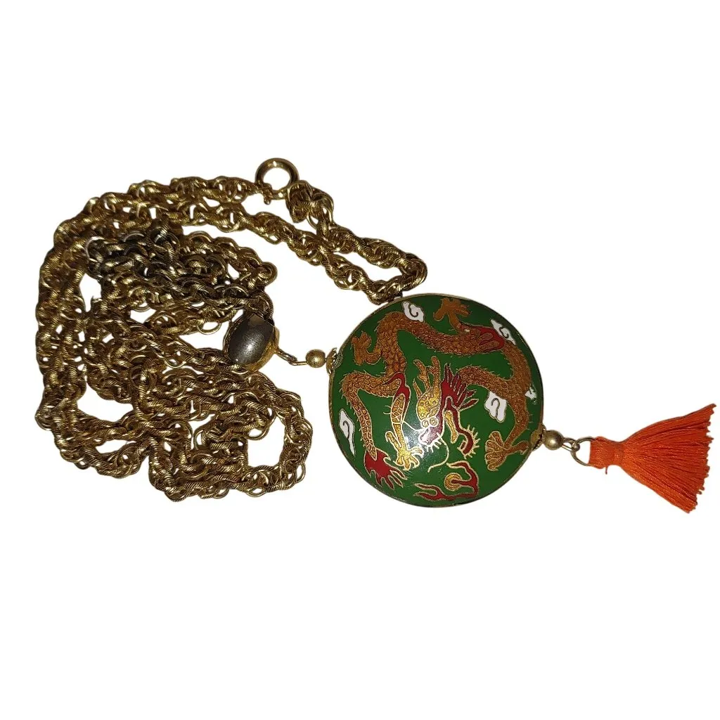 Cloisonné Dragon Pendant Necklace Long 30 Vintage Gold Tone Chain Orange Tassel - Image 10
