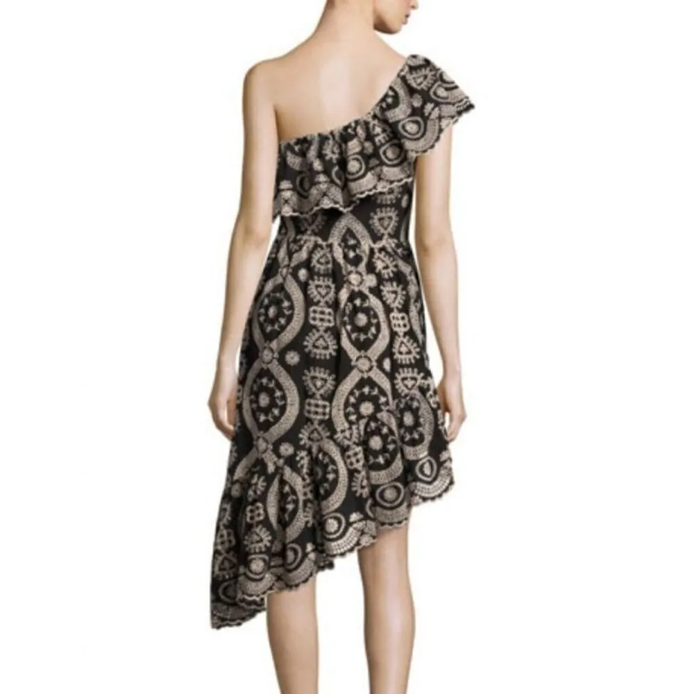 LoveShackFancy Black And Cream Pamela Asymmetric One Shoulder‎ Flounce Dress S - Image 2