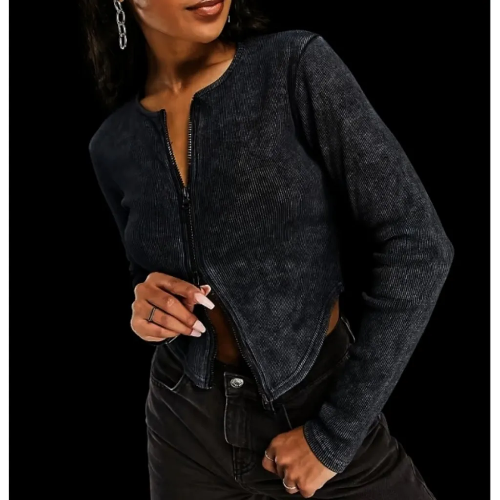 NEW ASOS Ribbed Top Black Double Zipper Acid-Washed Edgy V-Neck Henley Stretchy - Image 4