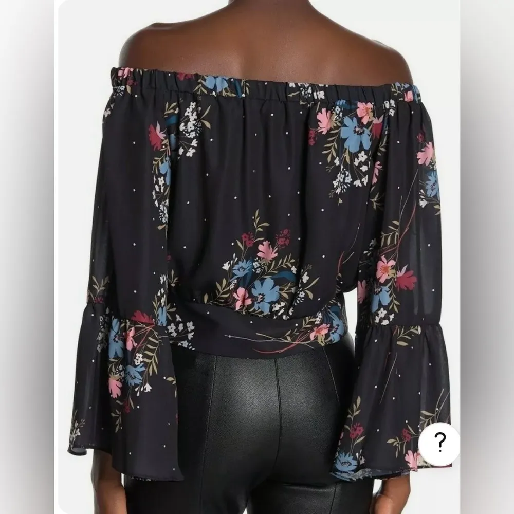 NWT Parker XS wild meadow black floral bell sleeve off shoulder crop tie front - Image 2