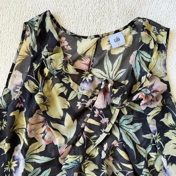 Cabi Osaka Dark Floral Top #3265 Size L Sheer Ruffle Sleeveless Blouse - Image 6