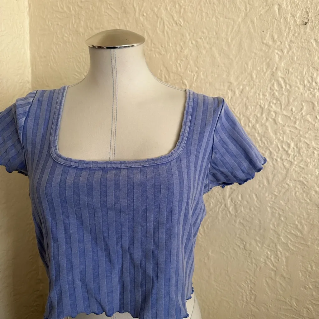 Aerie Offline Light Blue Ribbed Lettuce Hem Square Neck Crop Top T-Shirt XL - Image 3