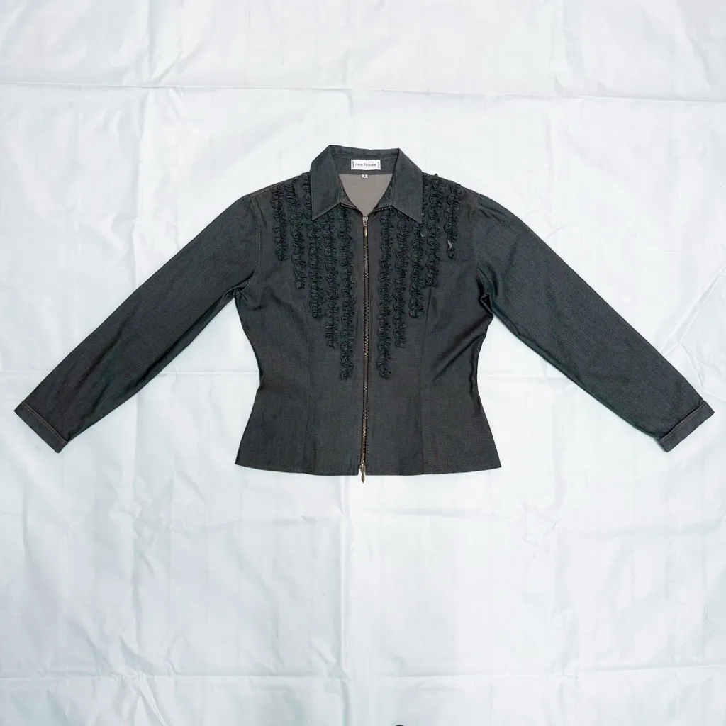 Anne Fontaine Dark Denim Zip Up Ruffle Slim Fit Short Collar Jacket Top 3 Medium Blue - Image 7