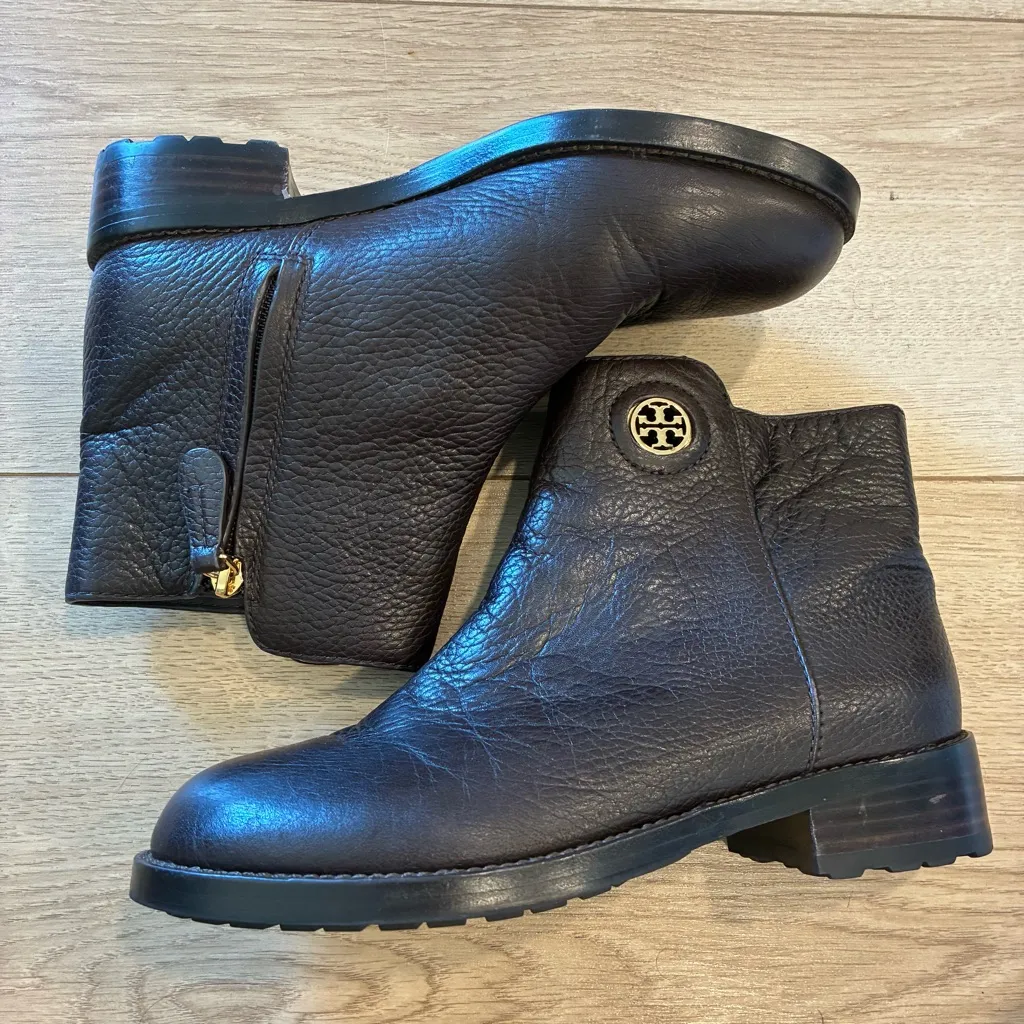 Tory Burch Junction Ankle Booties Boots Pebble Leather Brown Logo Size 6.5 - Image 3