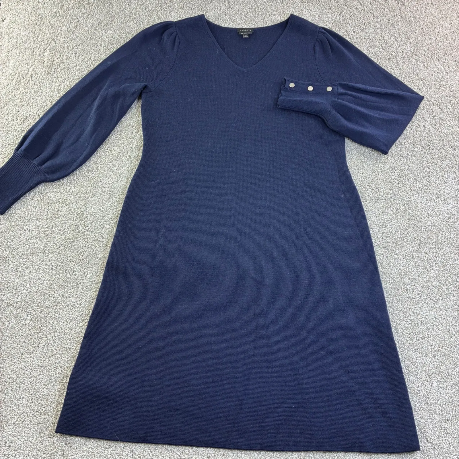 Talbots Navy Blue Merino Wool V Neck Puff Sleeve Sweater Dress Size M - Image 2
