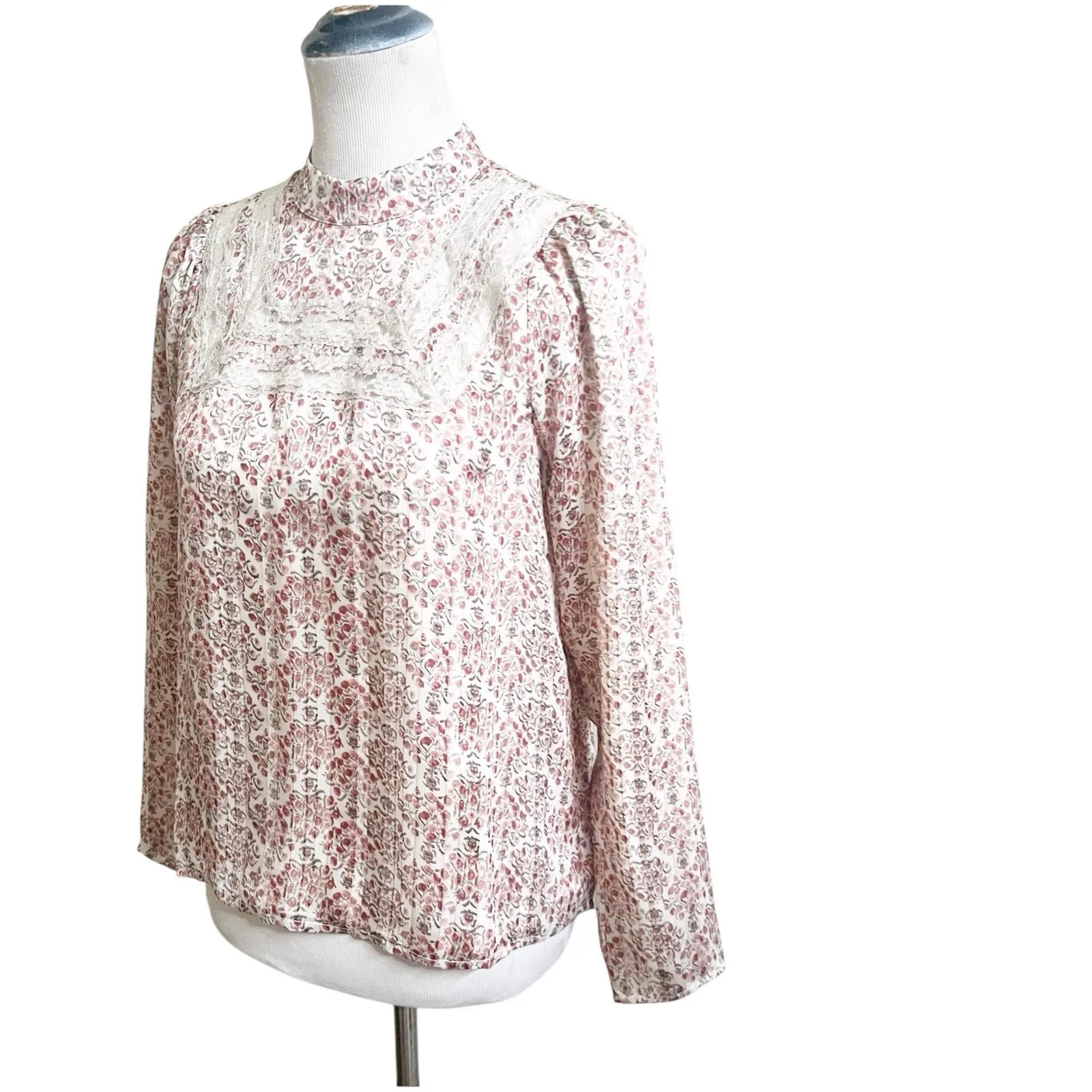 Greylin High Neck Crochet Yoke Cottage Core Peasant Blouse NWT Size XS Pink - Image 2