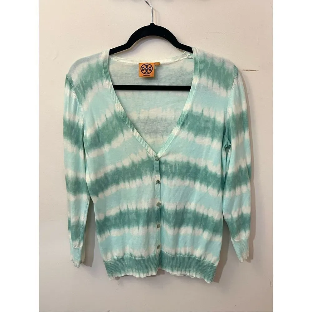 Tory Burch Theo Cardigan Mint White Shibori Tie Dye Striped L - Image 2