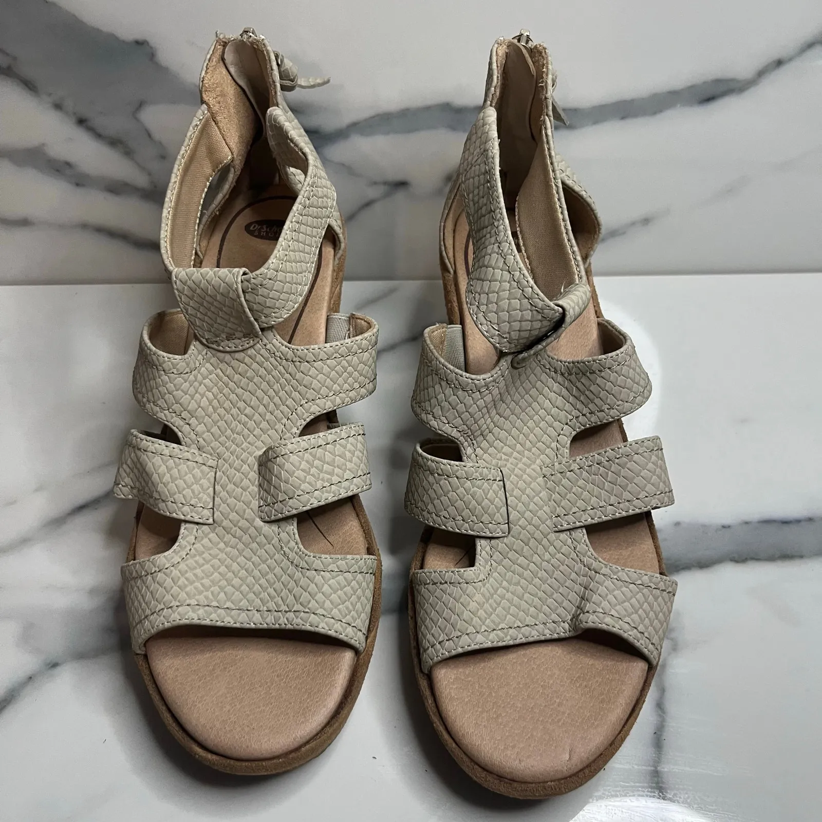 Dr Scholl's Women's Neutral Faux Leather Wedge Long Island Sandals Sz 7 EUC - Image 2