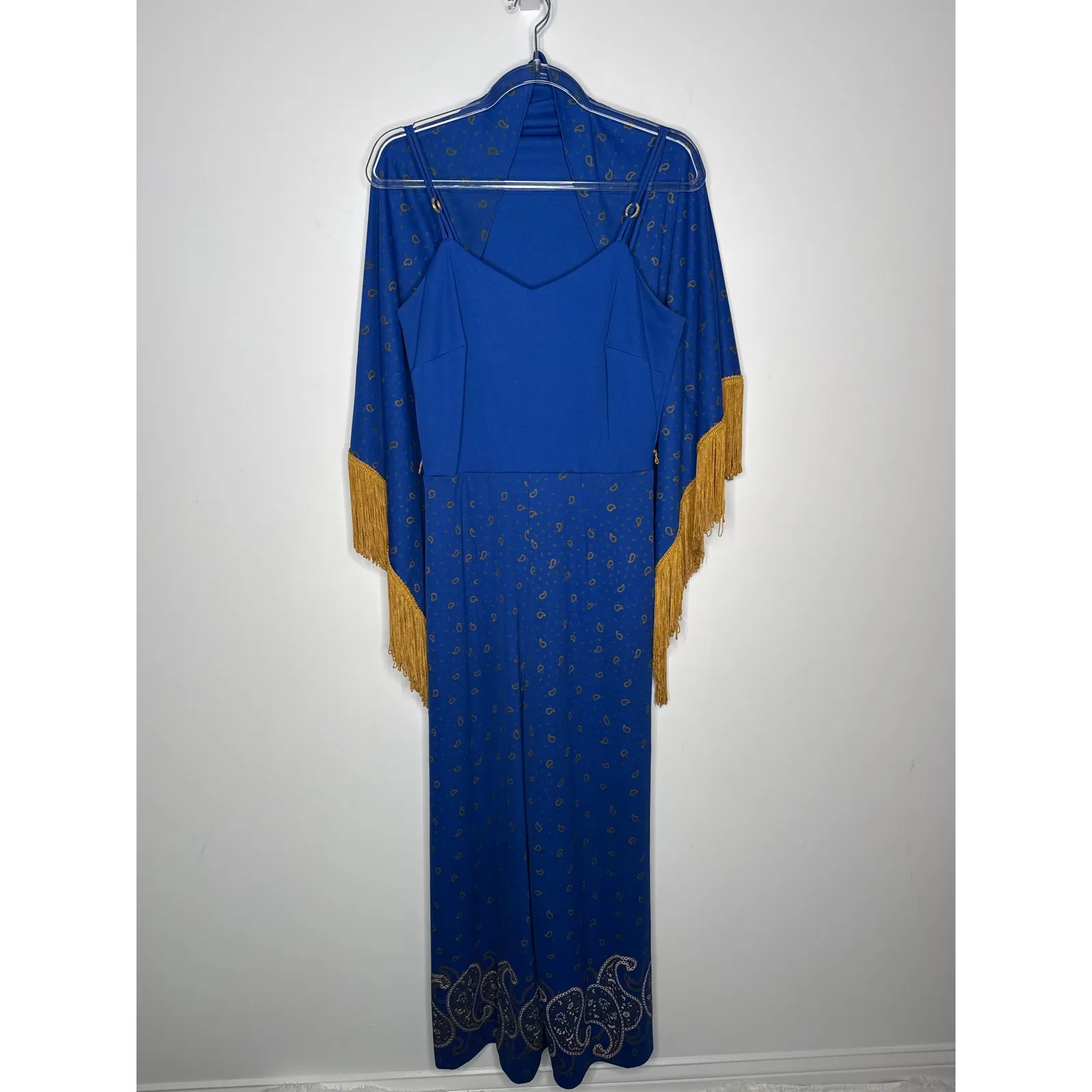 1970s Alfred Shaheen Blue Paisley Jumpsuit Set w Fringe Shawl medium - Image 3