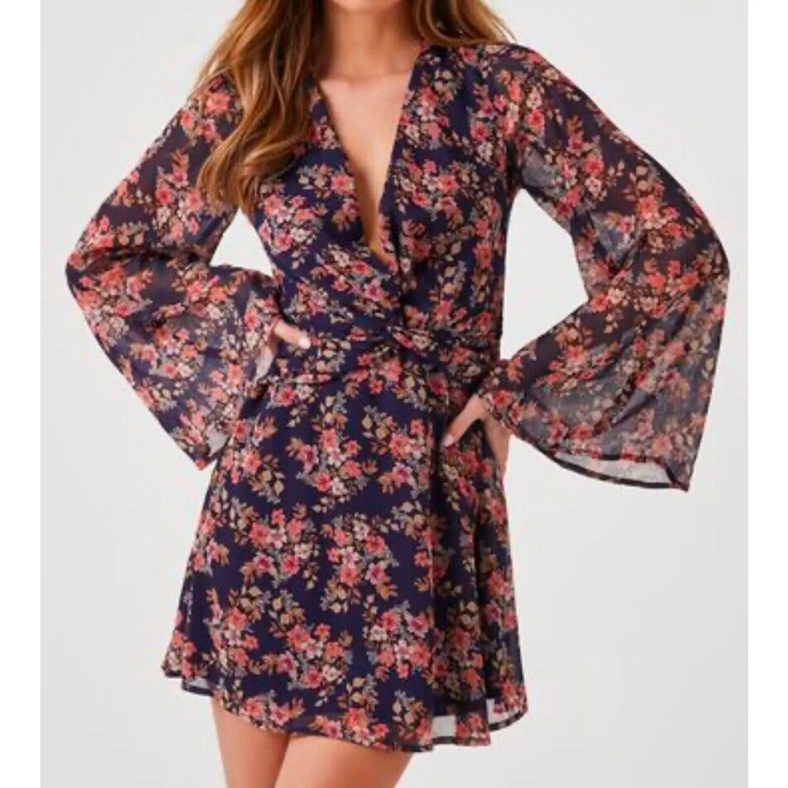 Floral Print NWT Chiffon Semi Sheer Bell Long Sleeve Mini Dress Size M Boho Chic - Image 2