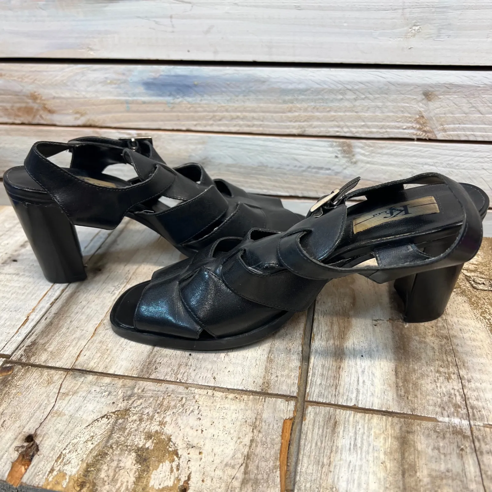Vintage KS Black Leather Peep Toe Slingback Sandals Strappy Block Heel Sz 7.5 - Image 5