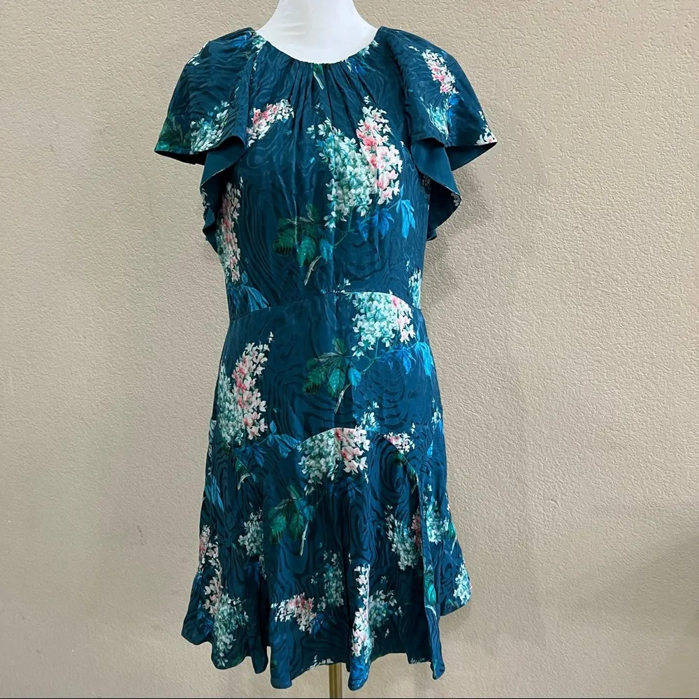 REBECCA TAYLOR Hydrangea Floral Silk Teal Shift Mini Dress Sz 8 MSRP $395 Party - Image 13