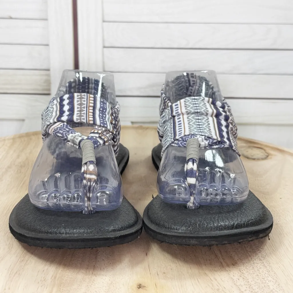 Sanuk Yoga Sling Fabric Straps Thong Sandals Blue Multi Batik Print Size 8 - Image 3