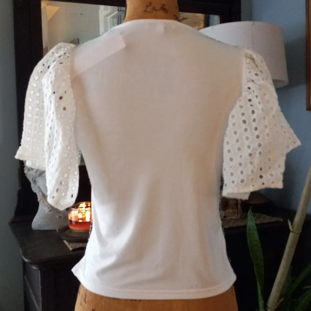 Badgley Mischka Black & White Tweed Boucle Mixed Media Eyelet Sleeve Blouse NWT - Image 7
