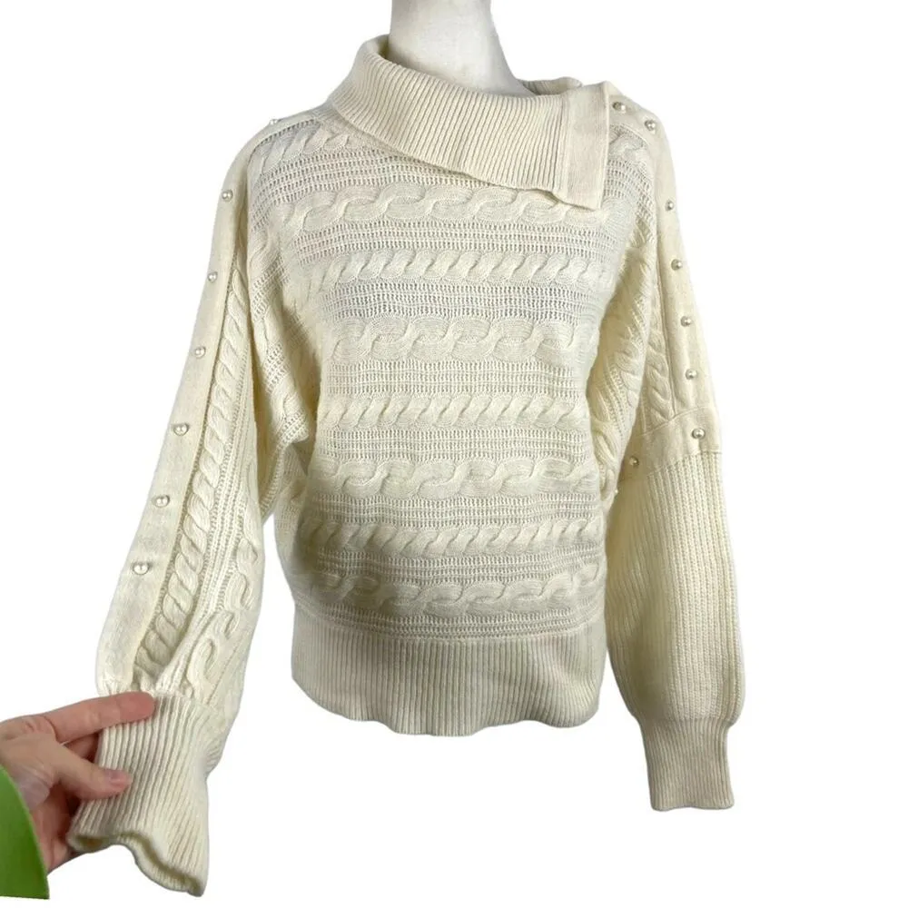 PHILOSOPHY DI LORENZO SERAFINI Pearl Embellished Cable Knit Boxy Sweater Size 4 White - Image 5