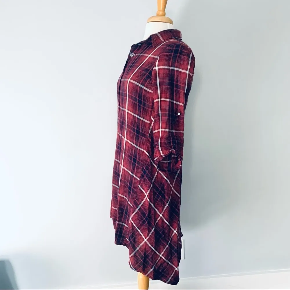 Max Studio Red Navy White Plaid Fall Winter Shirt Dress Sz XS - Image 3