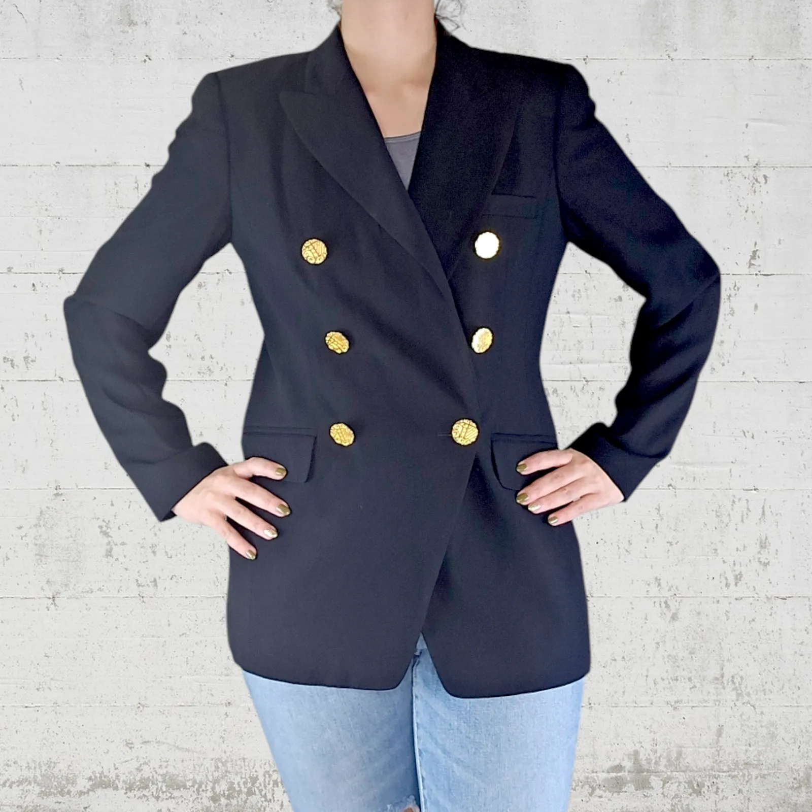 80s Vintage Black Double Breasted USA Made Deadstock Wool Blend Blazer Size 6 - Image 3