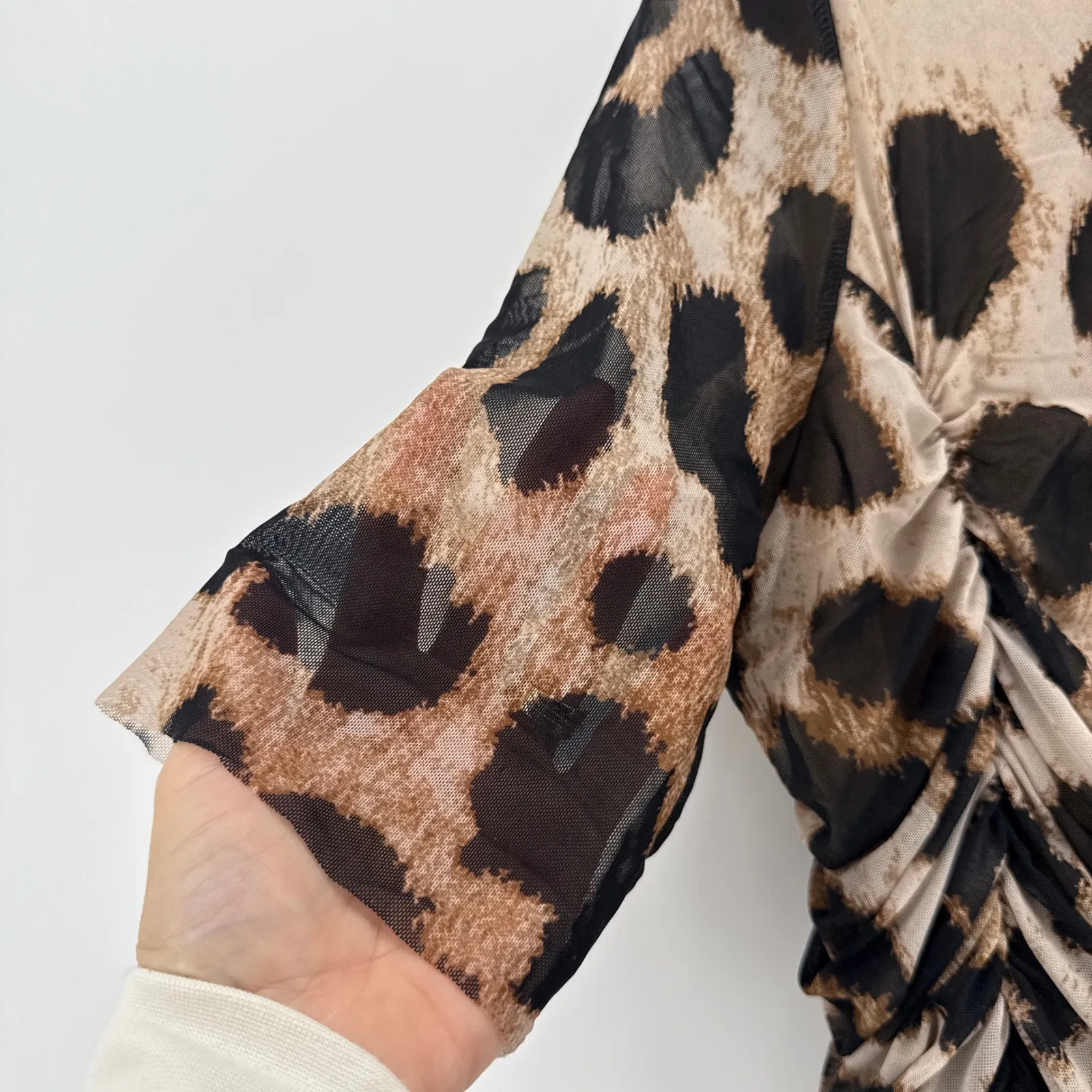 GANNI Leopard Print Mesh Ruched Mock Neck Short Sleeve Top Women's SZ Large 14 - Image 6