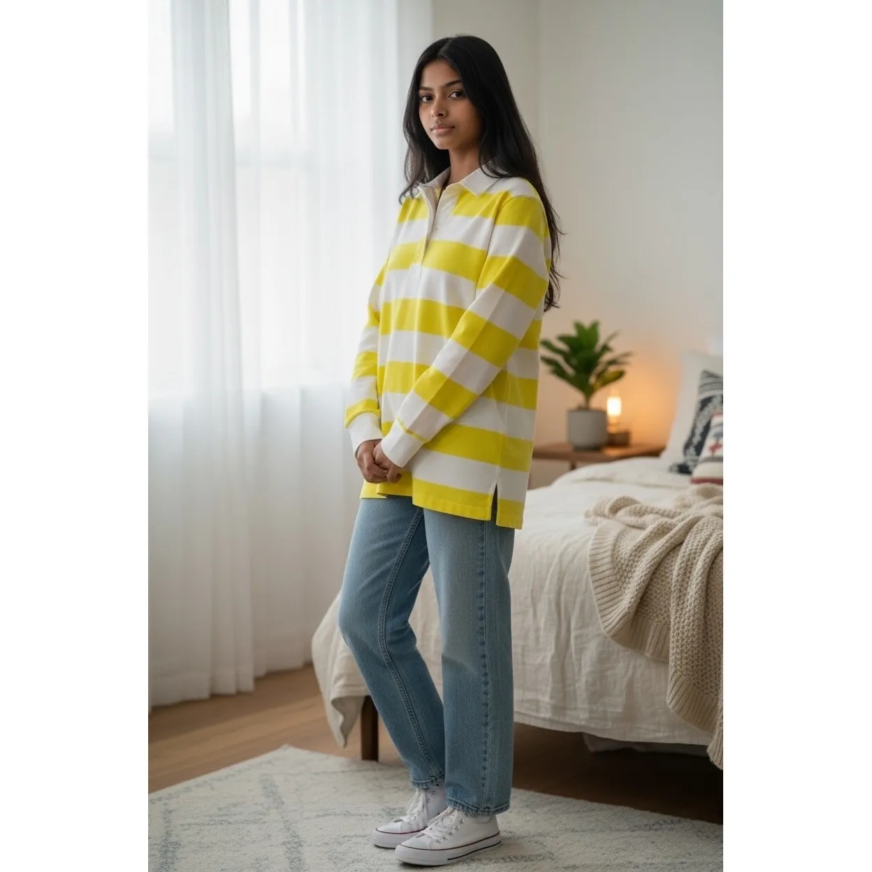 J Crew Sun Washed Jersey Striped Rugby Shirt Long Sleeve Yellow White Womens L # - Image 9
