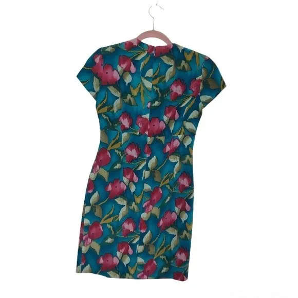 PAPELL Petites 100% Silk Turquoise Teal Floral Sheath Dress Size 2P Vintage - Image 10