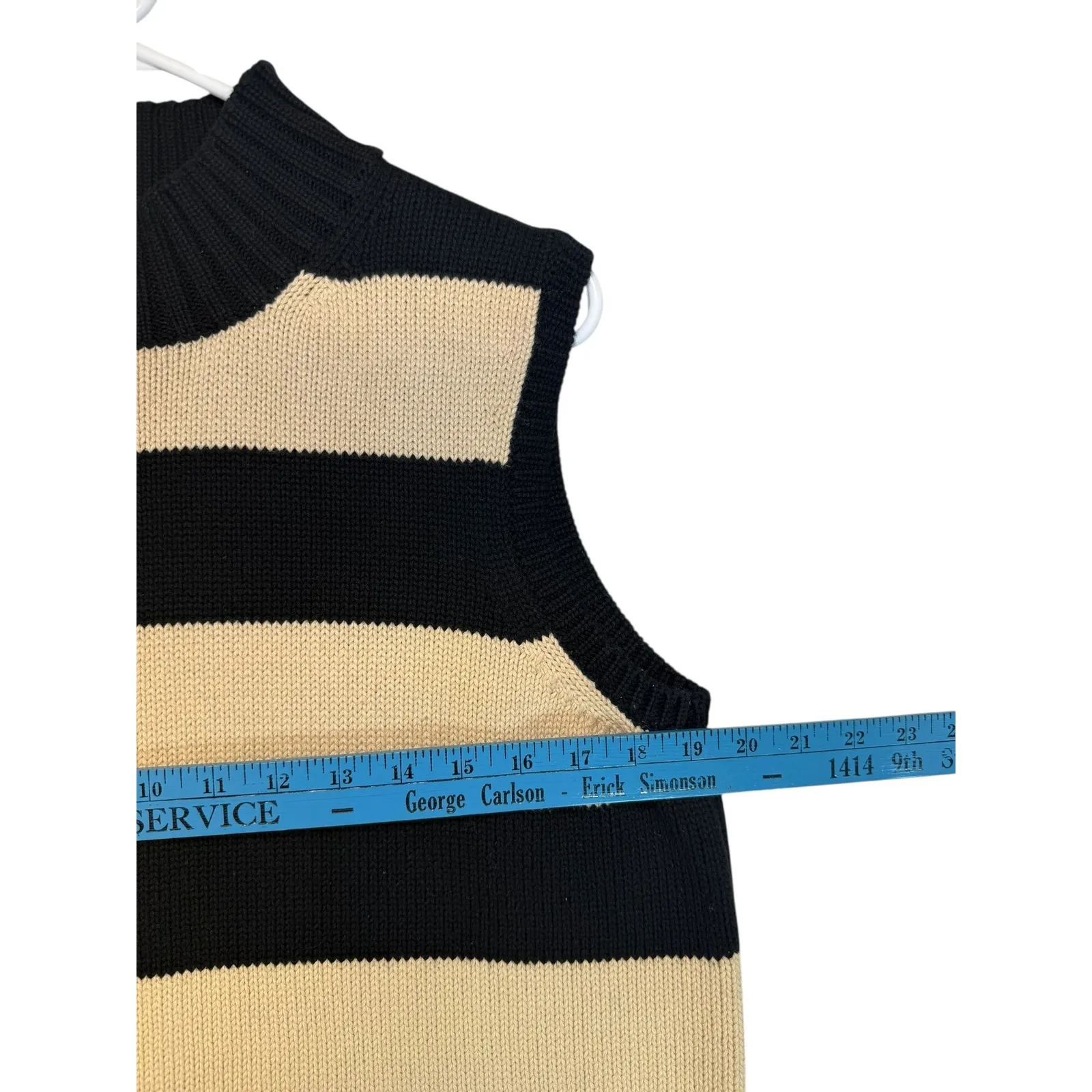 Black Tan Stripe Mock Neck Sleeveless Knit Sweater Vest Preppy Smart Women Large - Image 5