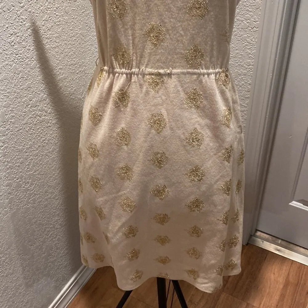 R & K Originals Vintage Short Cap Sleeve Midi Dress Tan & Gold Threaded Sz Small - Image 3